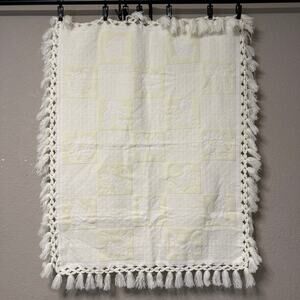 Vtg pale yellow & white woven fringe baby blanket - gender neutral 40 x 48